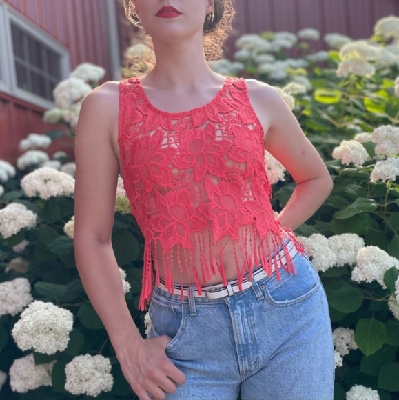 H&M×COACHELLA Vibrant Red Lace sleeveless Top With Fringe Detail. Size 6 - Picture 4 of 11